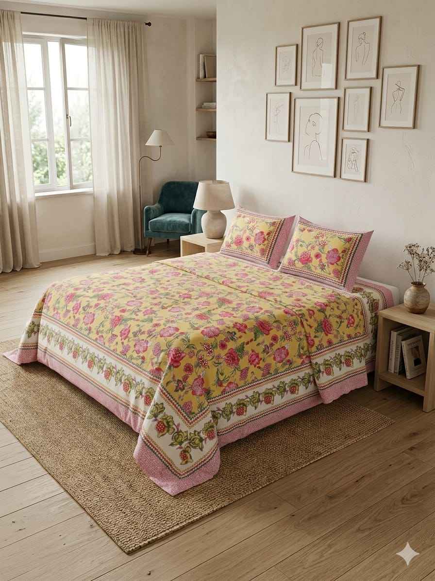 Butter Yellow Floral Cotton King Size Bedsheet