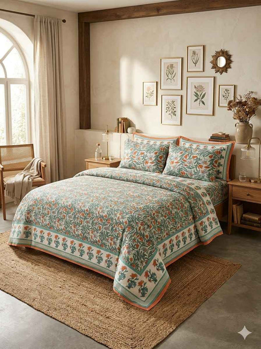 Sage & Orange Floral Cotton King Size Bedsheet