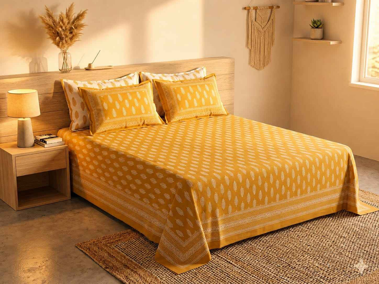 Mustard Leaf Motif Cotton King Size Bedsheet