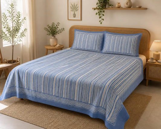 Neel Rekha Handblock Stripe King Size Bedsheet