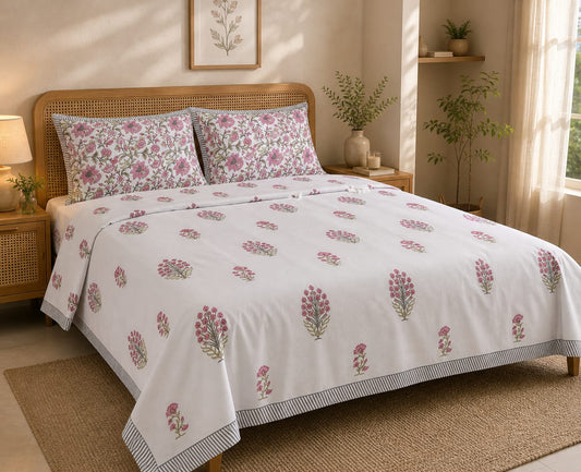 Gulabi Buti Handblock Floral King Size Bedsheet