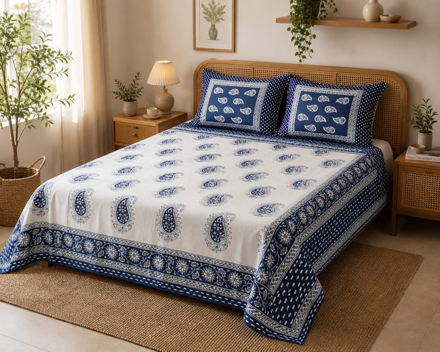 Neel Kalam Handblock Paisley King Size Bedsheet