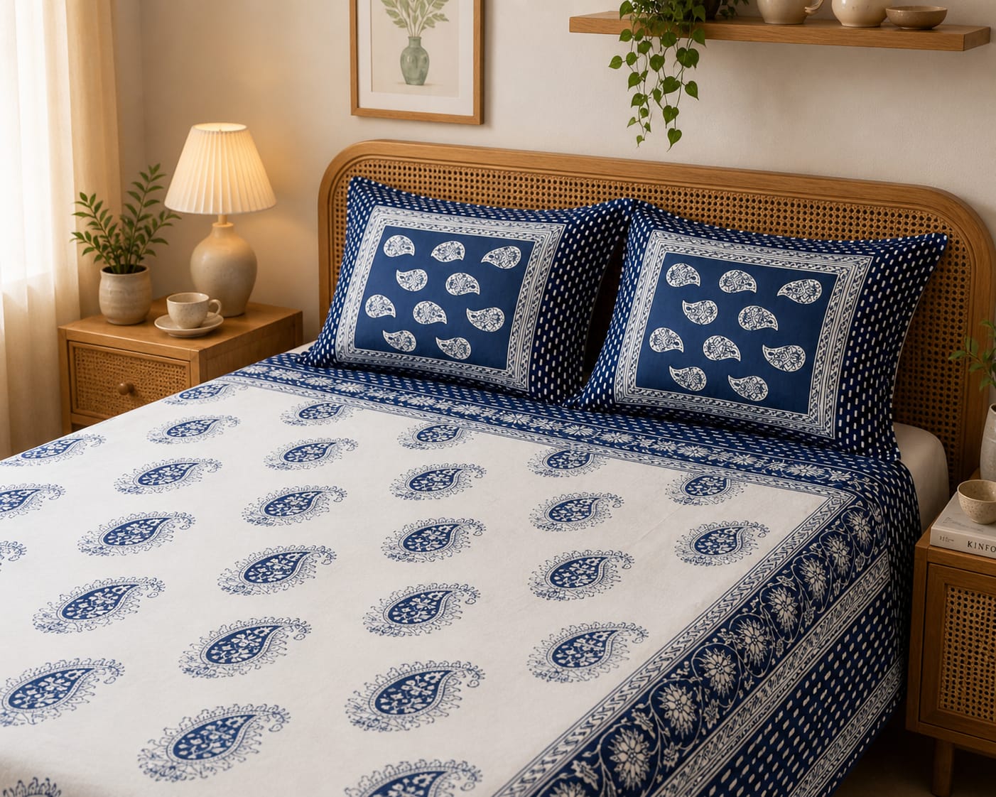 Neel Kalam Handblock Paisley King Size Bedsheet
