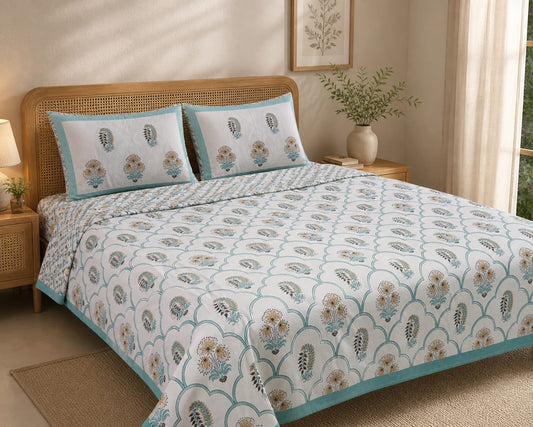 Mor Pankh Scallop Handblock King Size Bedsheet
