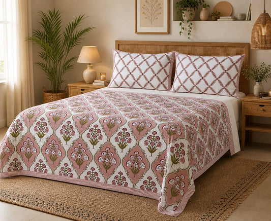 Gulabi Jaal Handblock Floral King Size Bedsheet