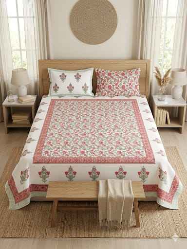 Gulabi Mehar Handblock Jaal King Size Bedsheet