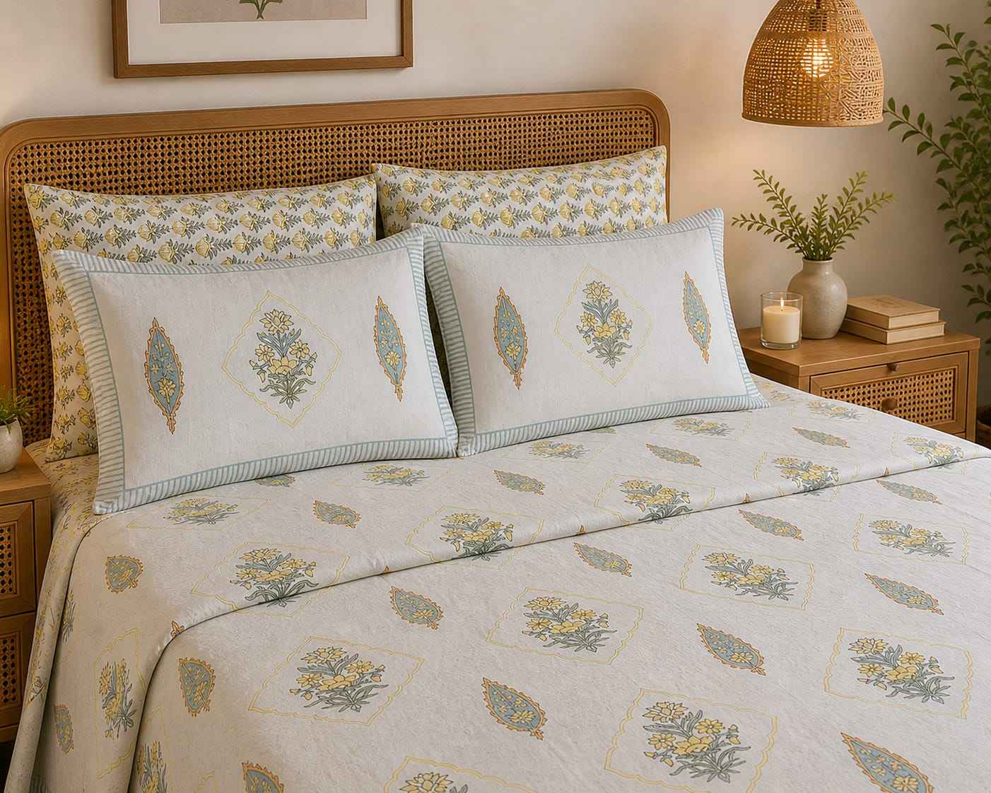 Sona Patra Handblock Motif King Size Bedsheet