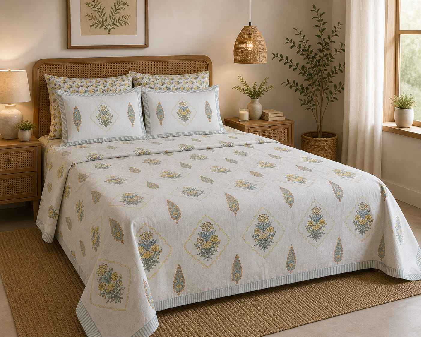 Sona Patra Handblock Motif King Size Bedsheet
