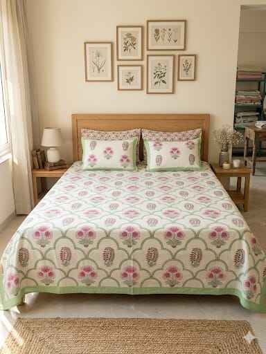 Hari Gulabi Handblock Floral King Size Bedsheet