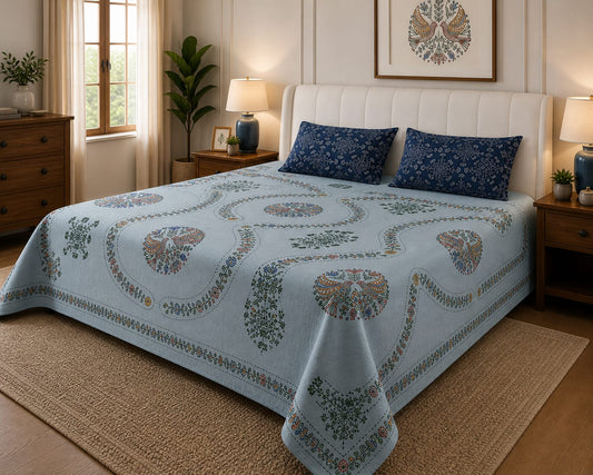 Sky Blue Paisley Vine Premium Cotton King Bedsheet Set