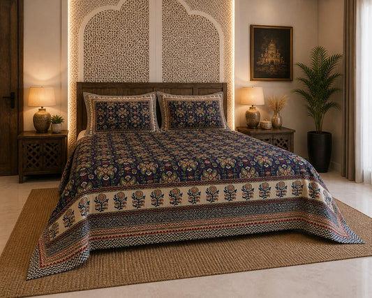 Royal Blue Traditional Jaal Premium Cotton King Bedsheet Set