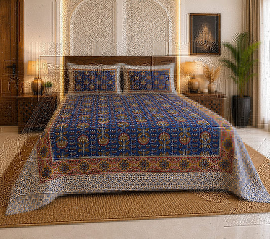 Indigo Classic Motif Premium Cotton King Bedsheet Set