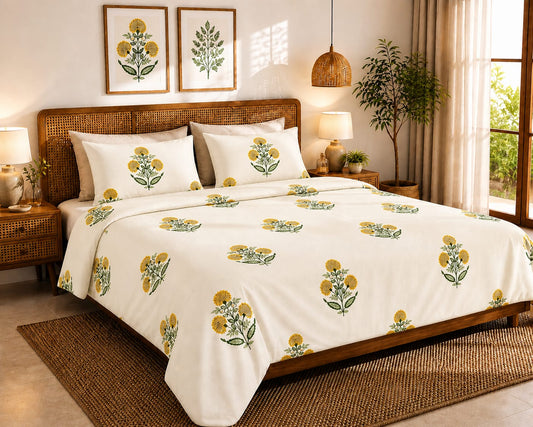 Sunflower Bloom Ivory Premium Cotton King Bedsheet Set