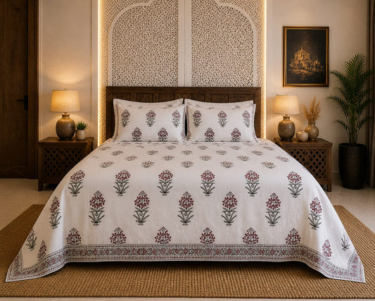 Burgundy Floral Buta Premium Cotton King Bedsheet Set