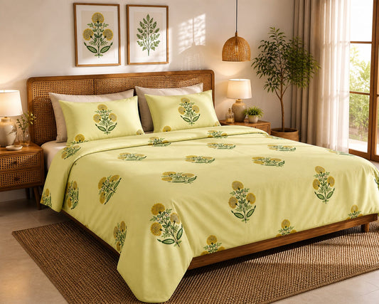 Lime Bloom Botanical Premium Cotton King Bedsheet Set