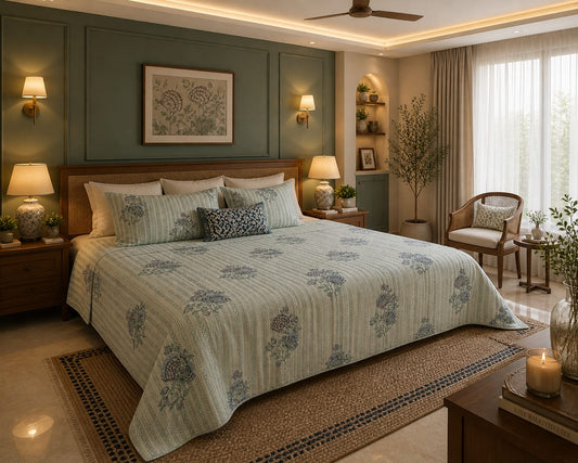 Sage Stripe Floral Premium Cotton King Bedsheet Set