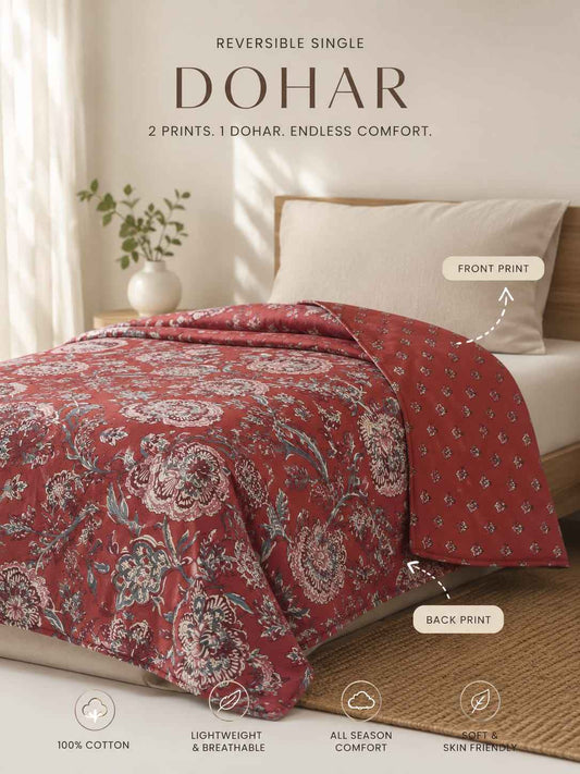 Crimson Bloom Heritage Handblock Reversible Dohar - Single