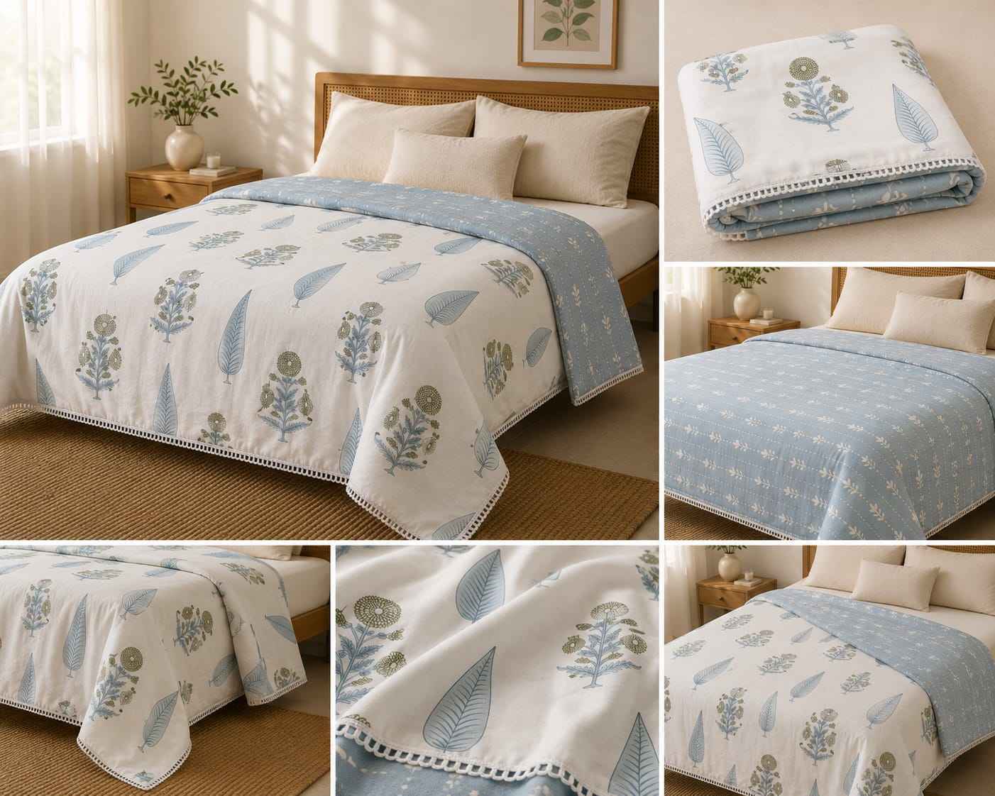 Sage Leaf & Petal Handblock Reversible Dohar - Single