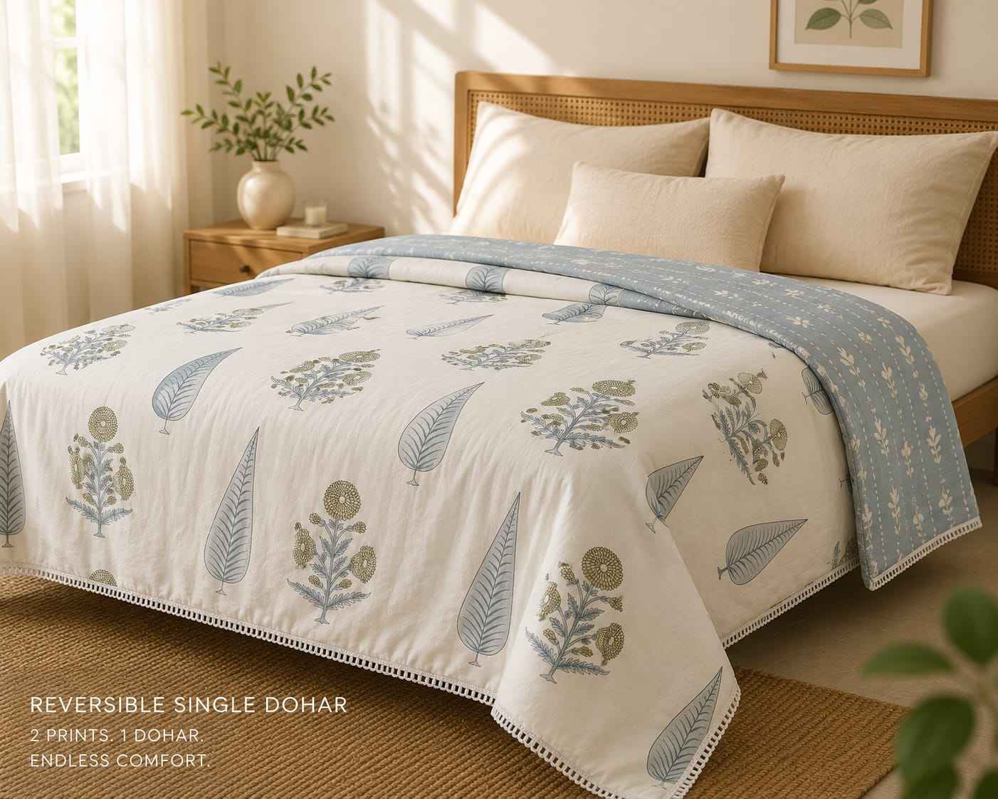 Sage Leaf & Petal Handblock Reversible Dohar - Single