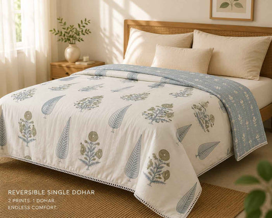 Sage Leaf & Petal Handblock Reversible Dohar - Single