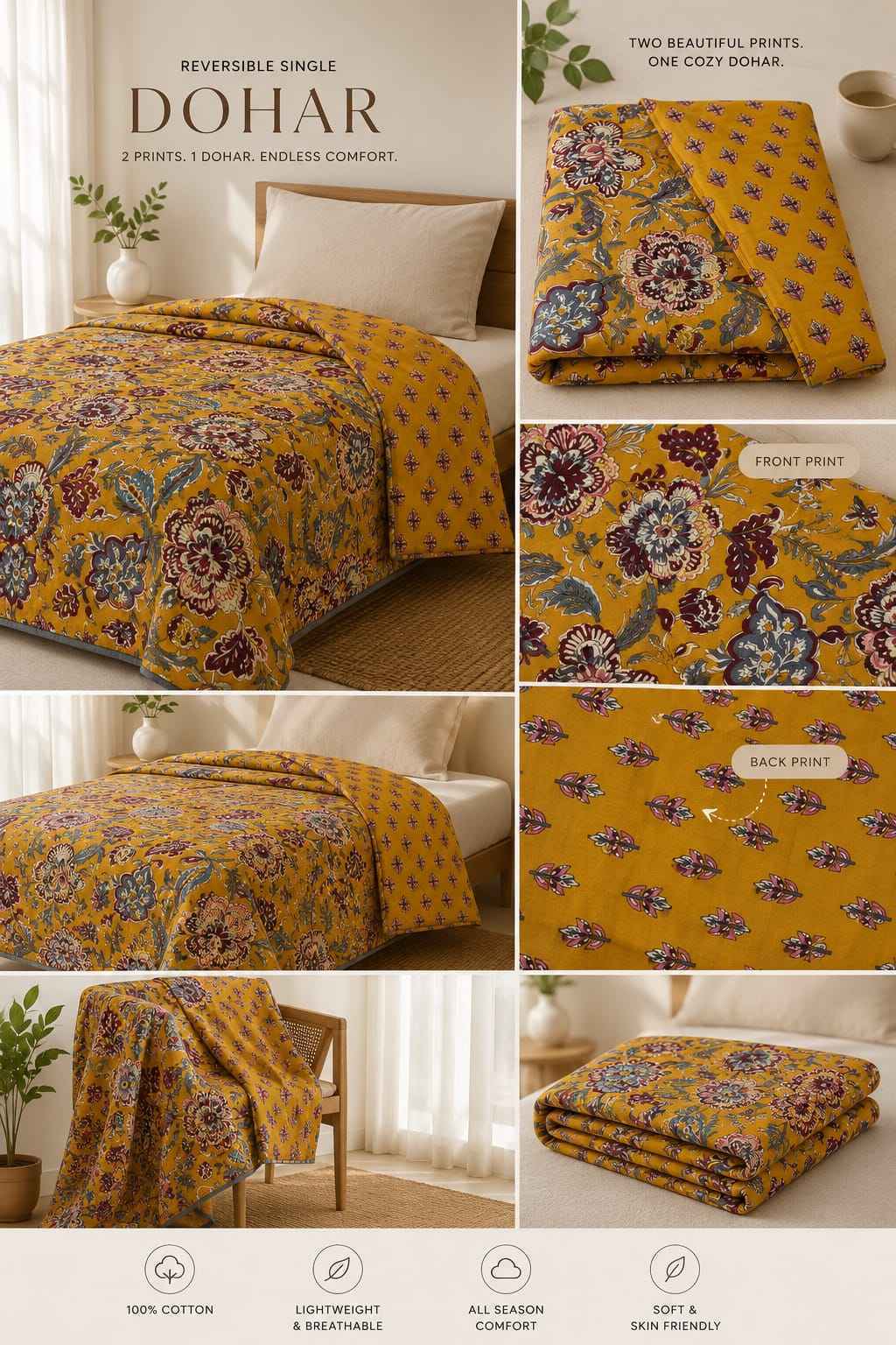 Golden Ochre Heritage Handblock Reversible Dohar - Single