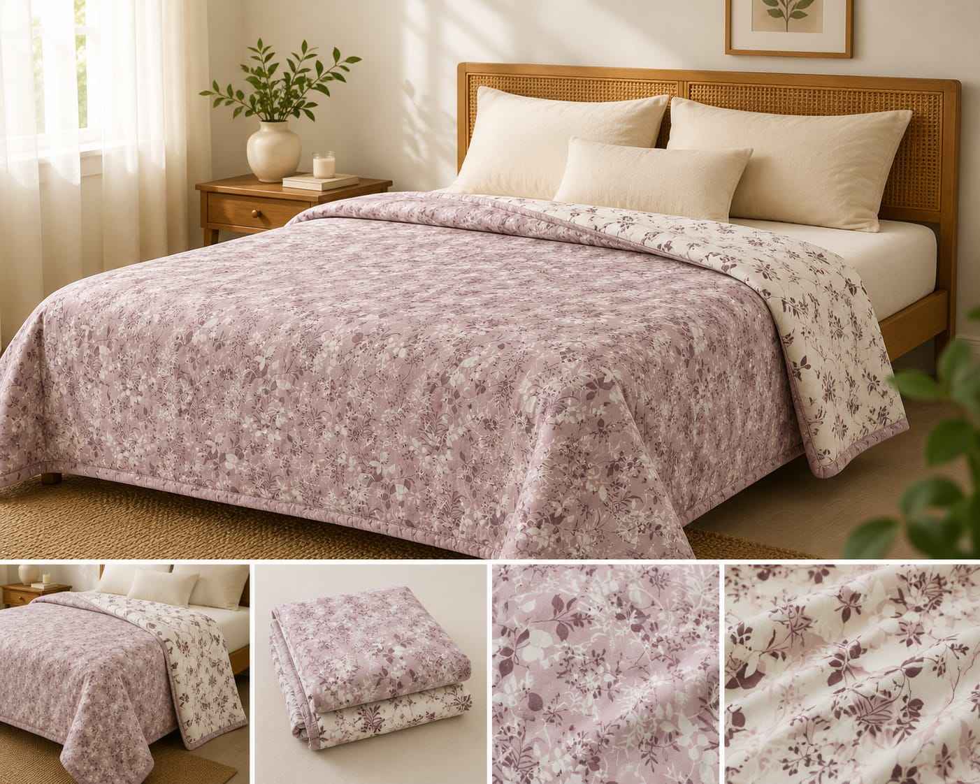 Dusty Mauve Blossom Handblock Reversible Dohar - Single