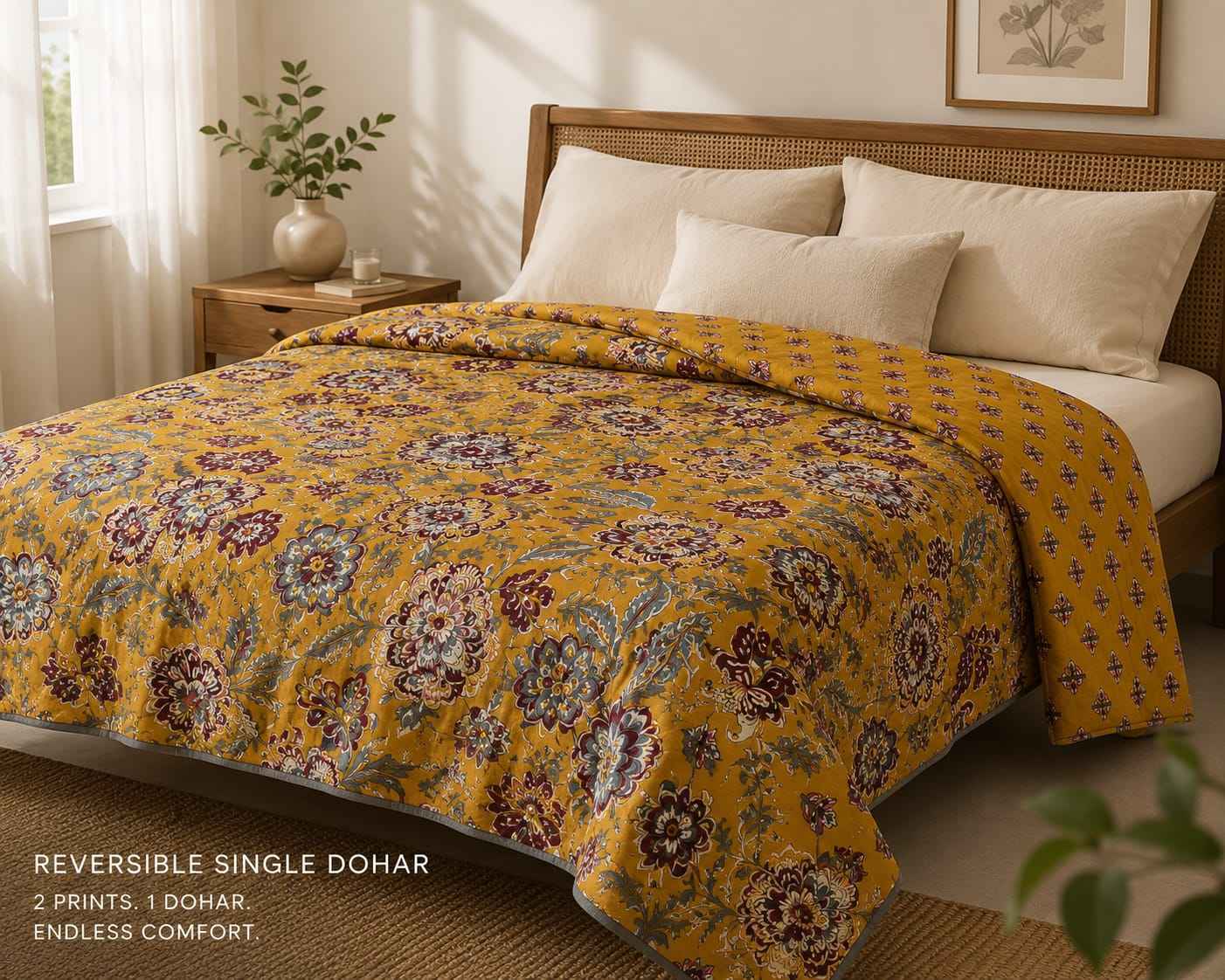 Golden Ochre Heritage Handblock Reversible Dohar - Single