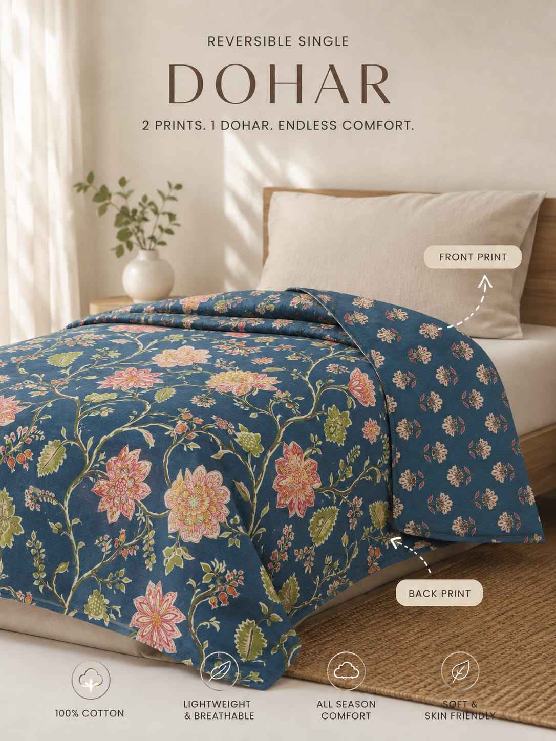 Midnight Indigo Mughal Floral Handblock Reversible Dohar - Single