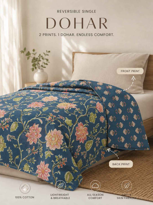 Midnight Indigo Mughal Floral Handblock Reversible Dohar - Single