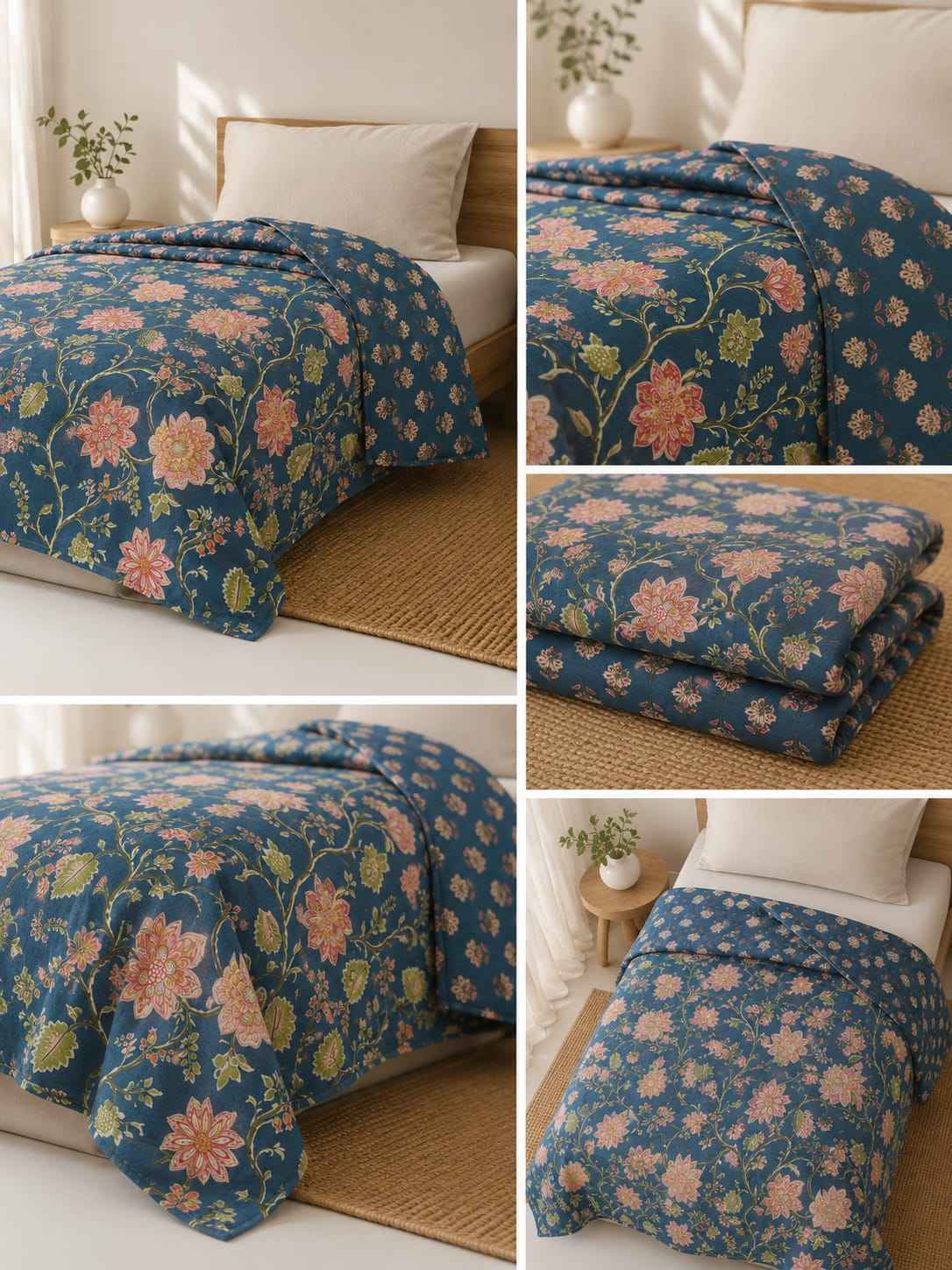Midnight Indigo Mughal Floral Handblock Reversible Dohar - Single