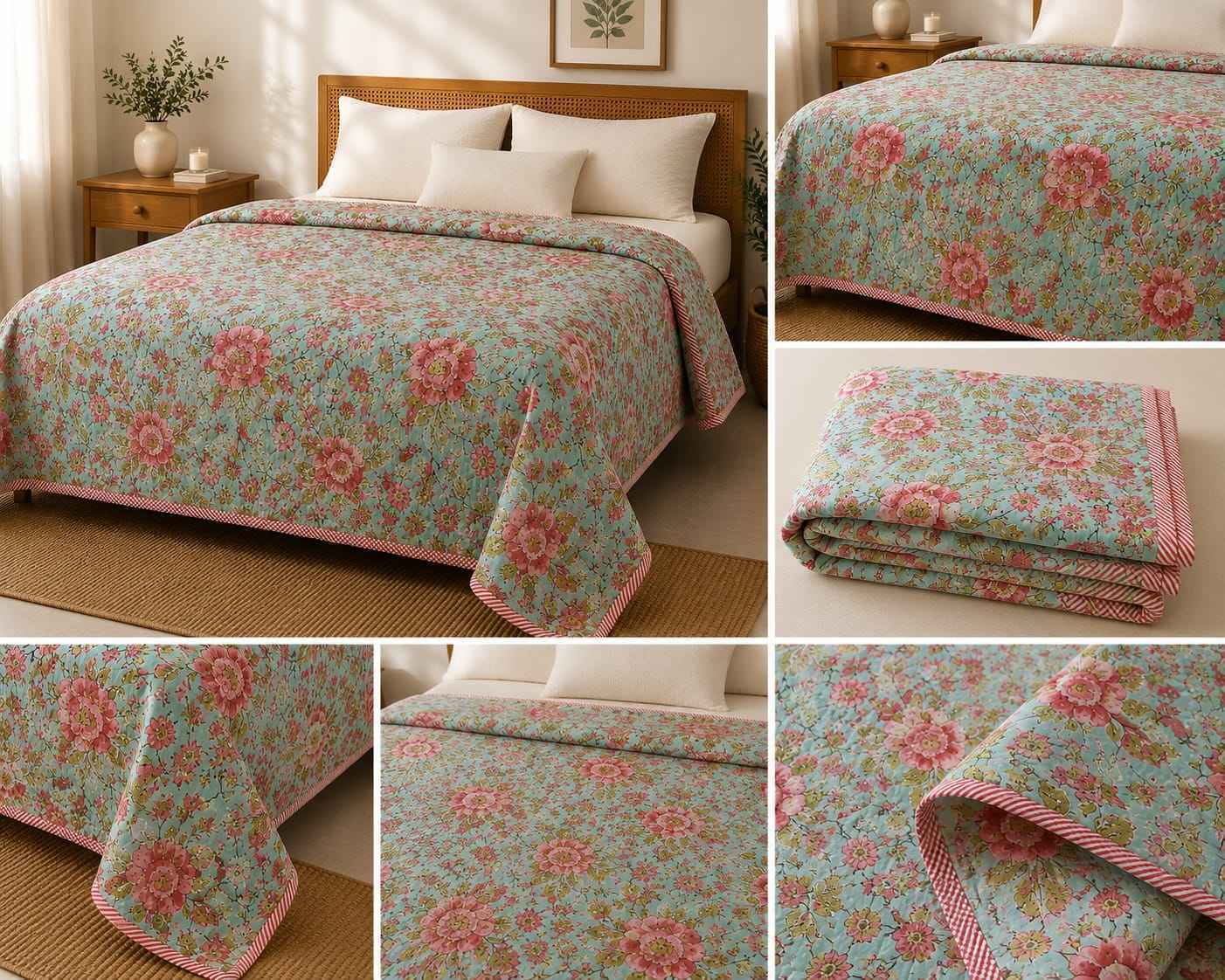 Aqua Peony Blossom Handblock Reversible Dohar - Single