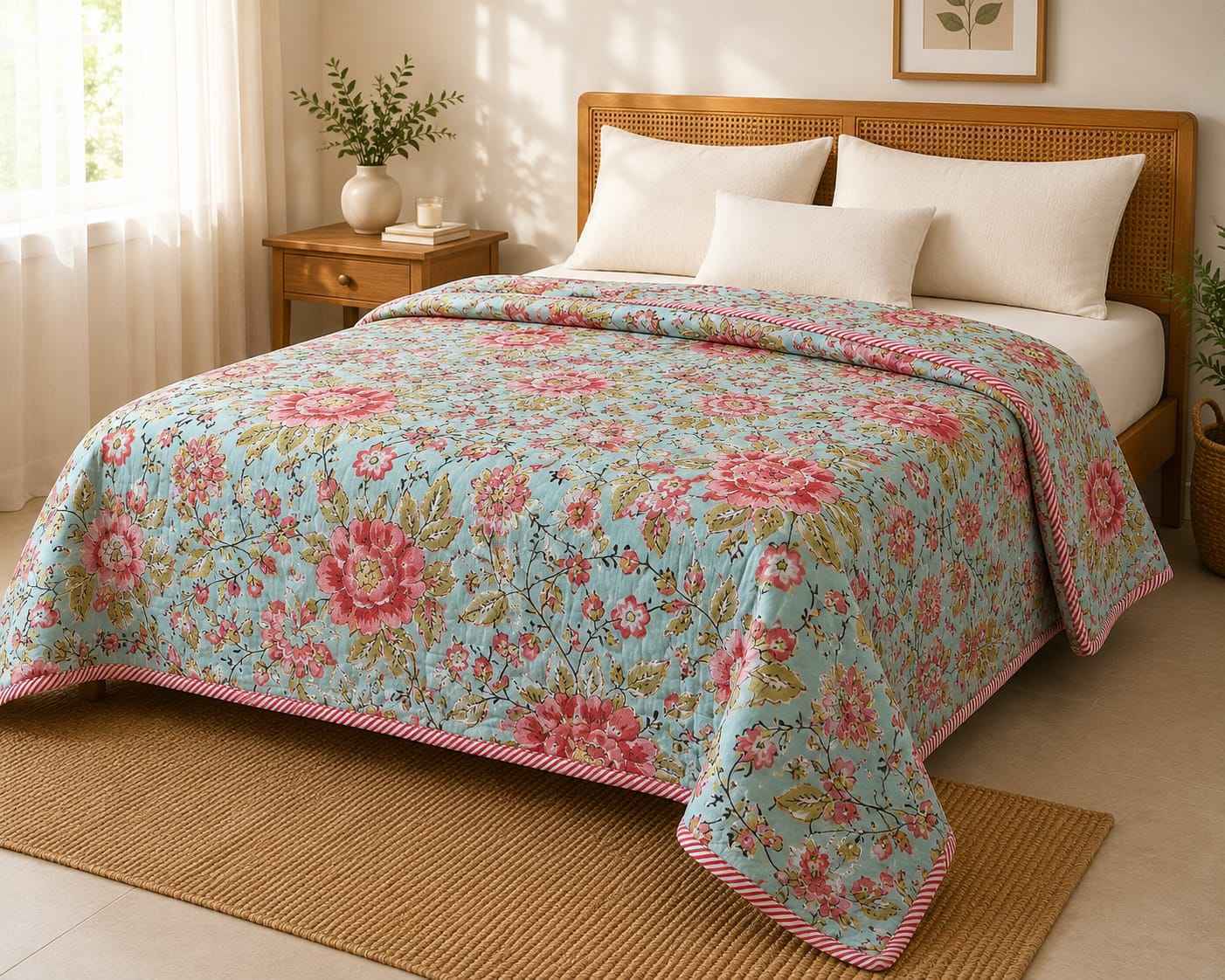 Aqua Peony Blossom Handblock Reversible Dohar - Single