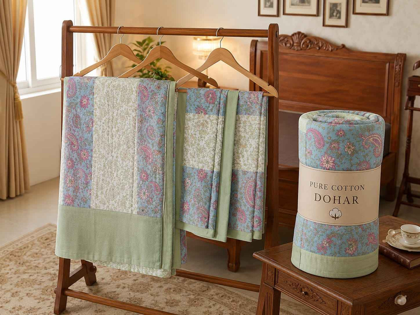 Sage Paisley Buta Dohar and Bedsheet Combo