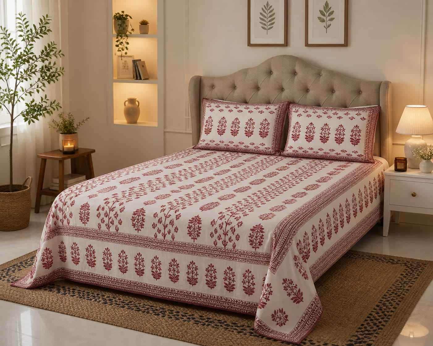 Maroon Floral Cotton King Size Bedsheet