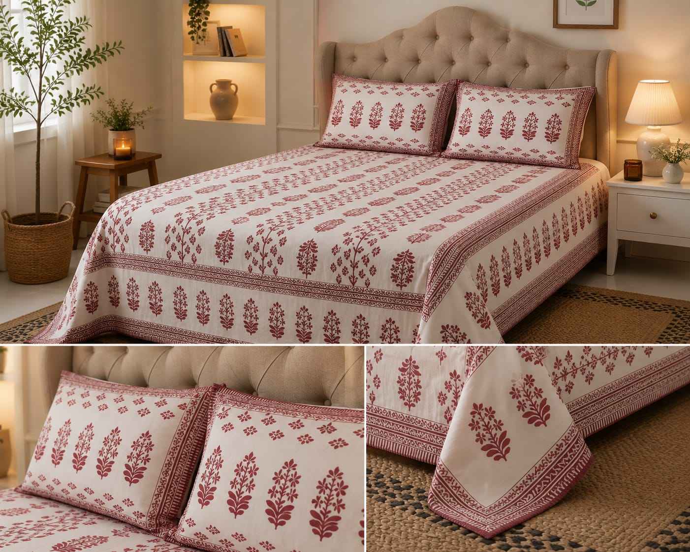 Maroon Floral Cotton King Size Bedsheet