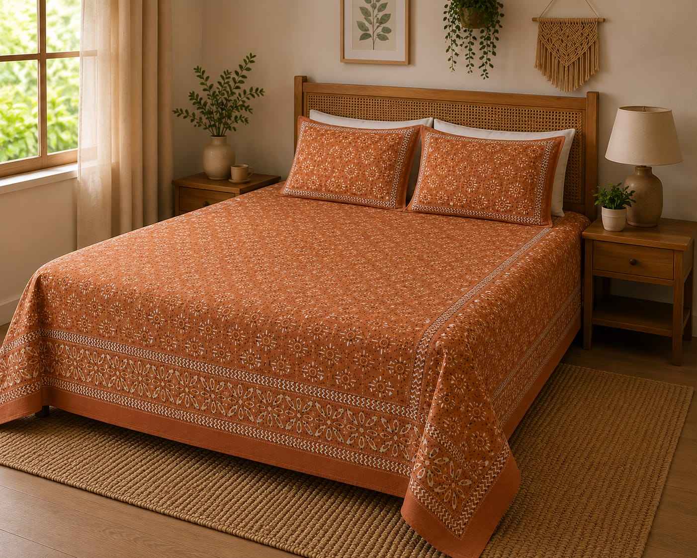 Rust Floral Cotton King Size Bedsheet