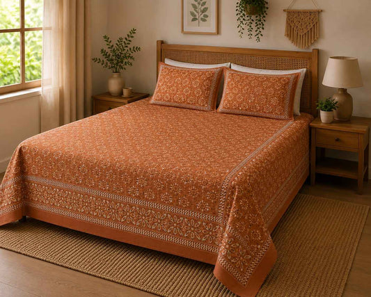 Rust Floral Cotton King Size Bedsheet
