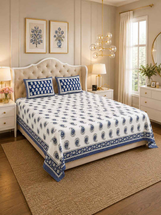 Blue Paisley Cotton King Size Bedsheet
