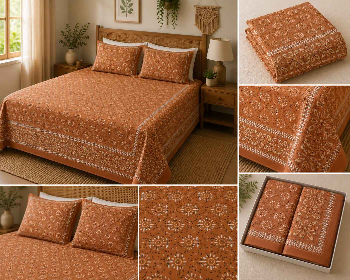 Rust Floral Cotton King Size Bedsheet