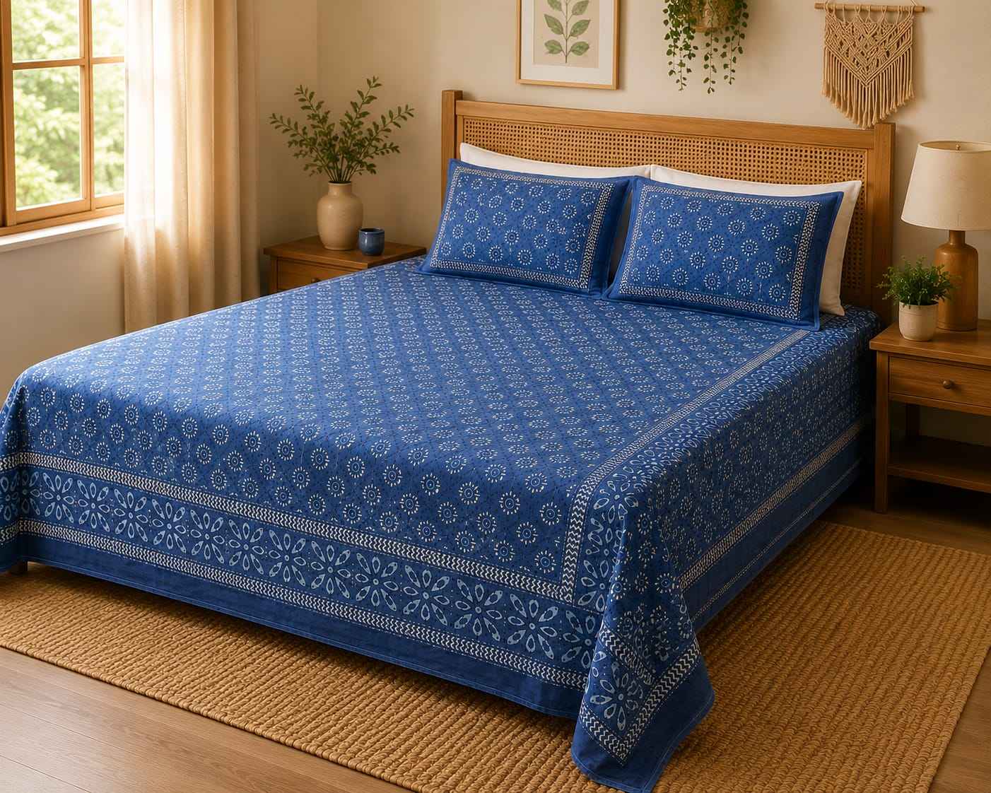 Indigo Blue Floral Cotton King Size Bedsheet