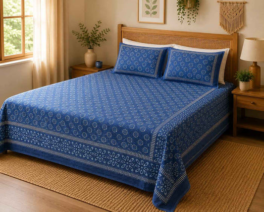 Indigo Blue Floral Cotton King Size Bedsheet