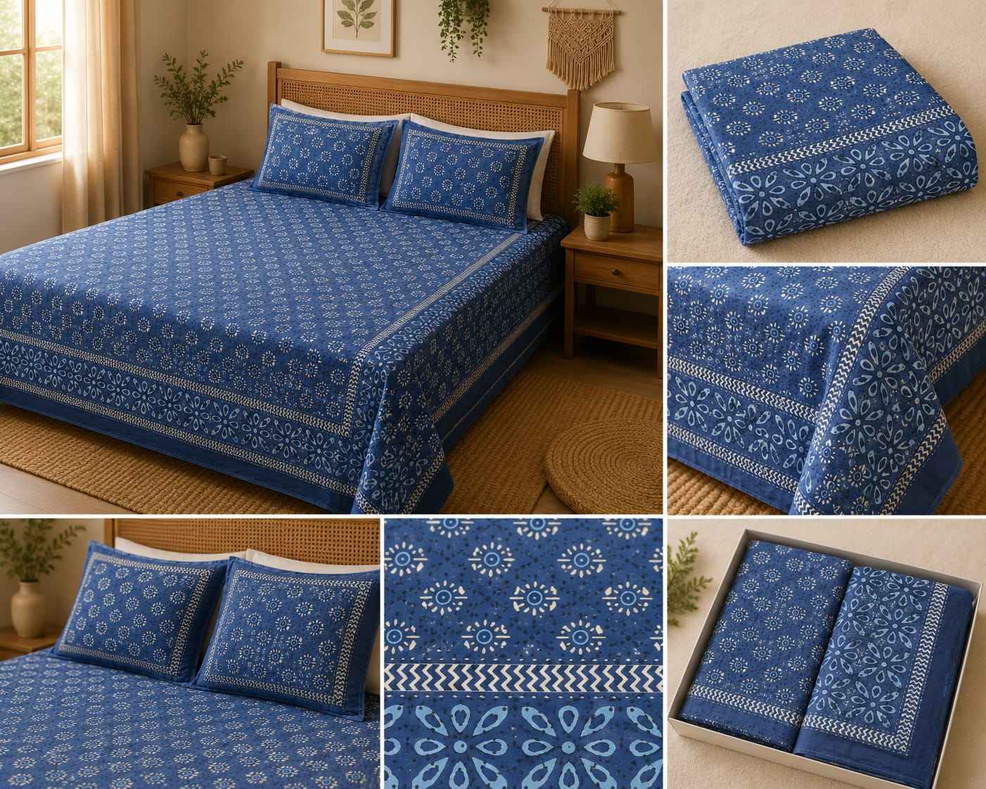 Indigo Blue Floral Cotton King Size Bedsheet