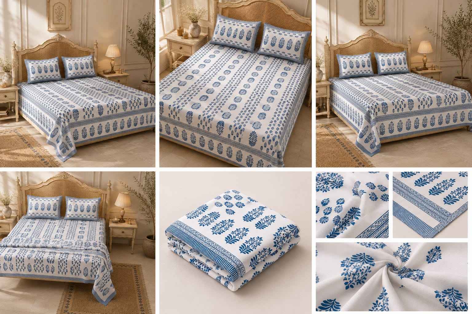 Blue Block Print Cotton King Size Bedsheet