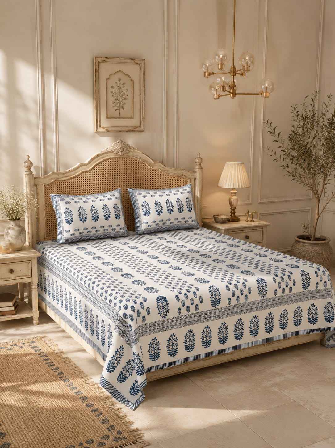 Blue Block Print Cotton King Size Bedsheet