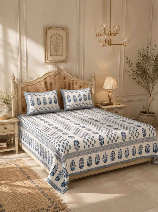 Blue Block Print Cotton King Size Bedsheet