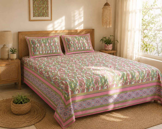 Pink Olive Ikkat Bedsheet
