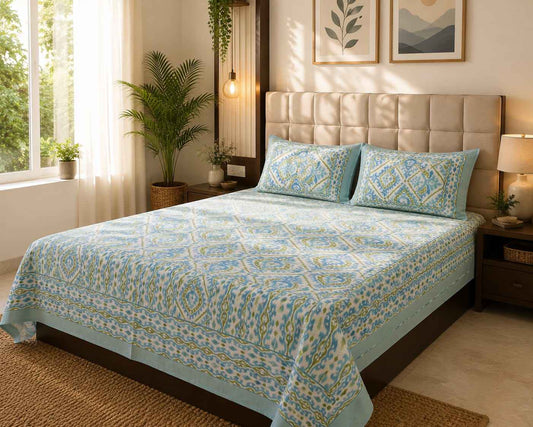 Aqua Olive Ikkat Bedsheet