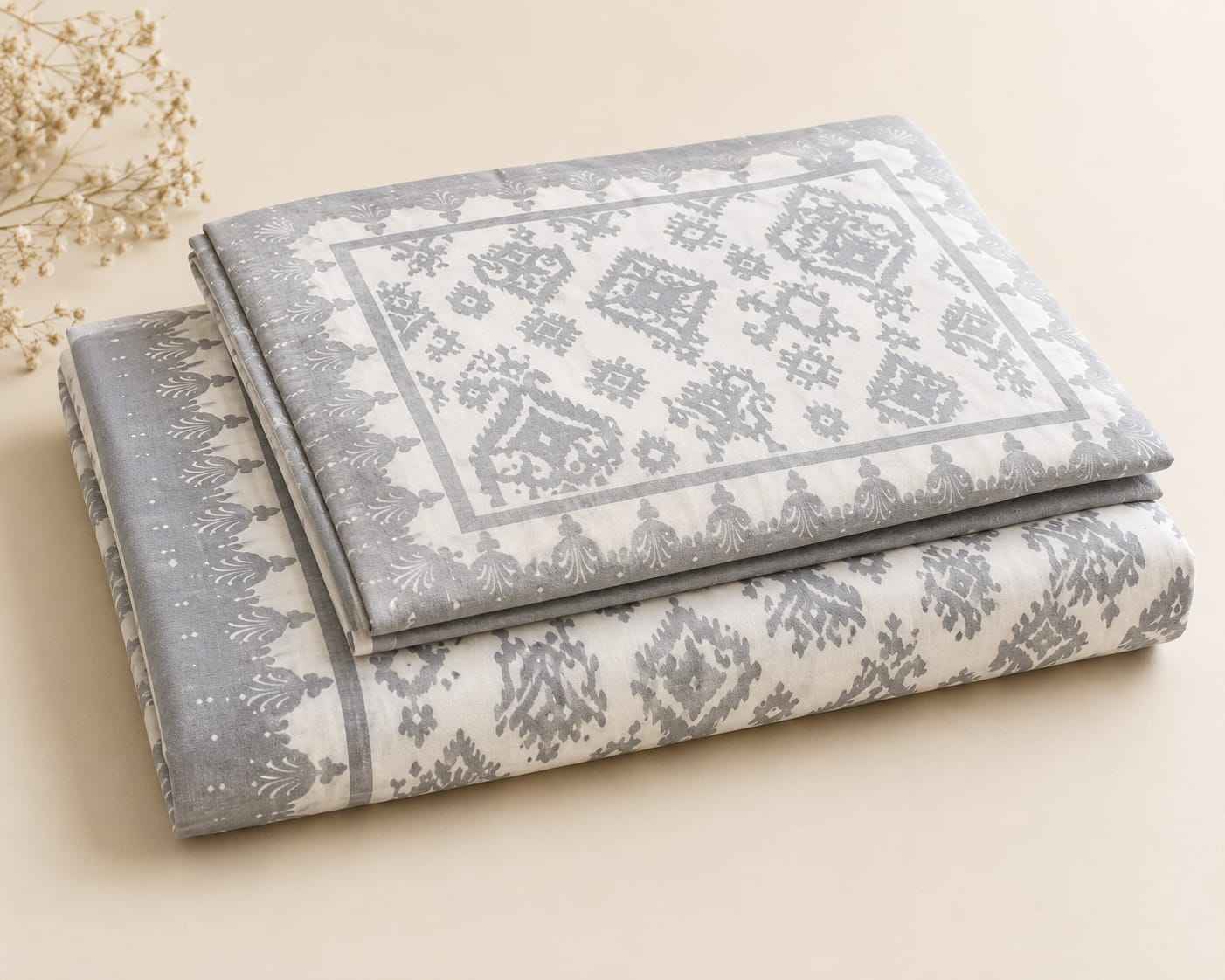 Slate Grey Ikat Jaal Single Bedsheet – 100% Cotton | 240 TC
