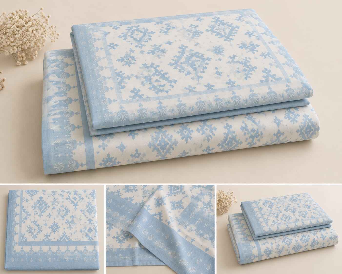 Powder Blue Ikat Jaal Single Bedsheet – 100% Cotton | 240 TC