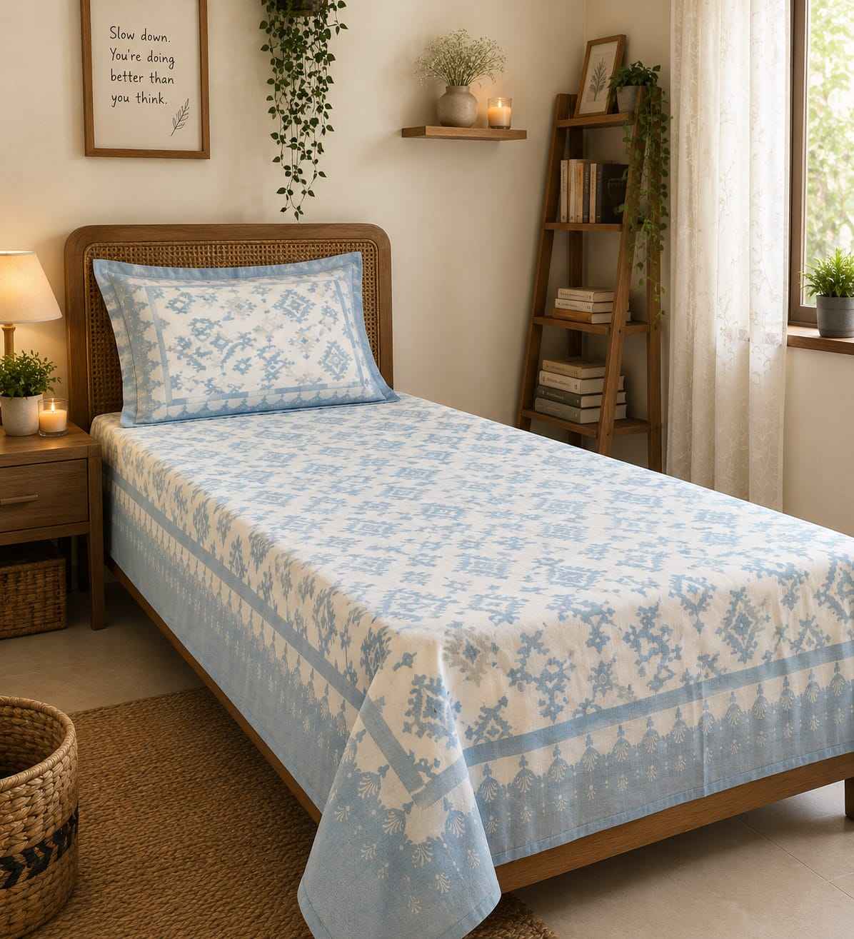 Powder Blue Ikat Jaal Single Bedsheet – 100% Cotton | 240 TC
